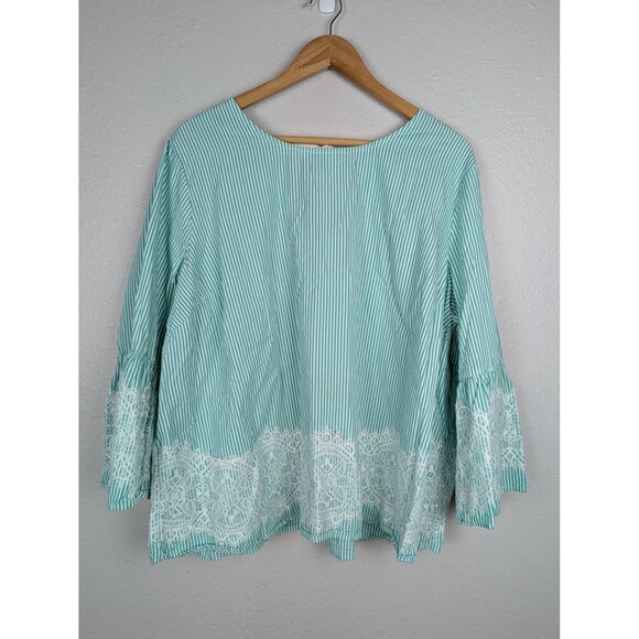 Crown & Ivy Top Womens 3X Blue White Striped Lace Boho Tunic Blouse Plus Size - Picture 1 of 7